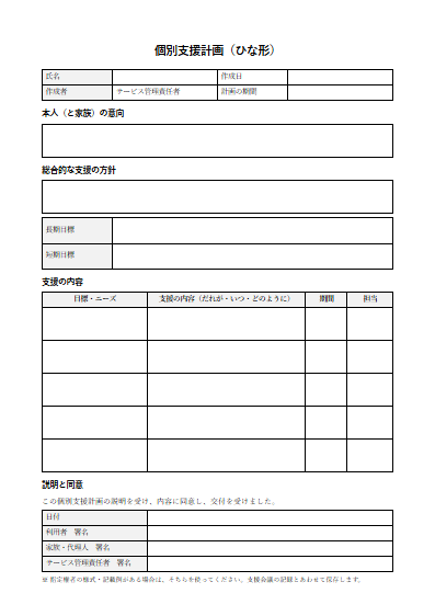 自立生活援助　個別支援計画（ひな形）（1ページ目のプレビュー）