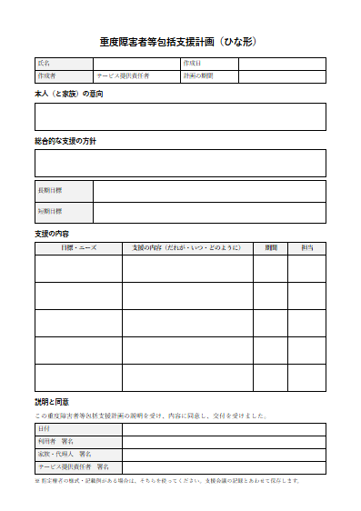 重度障害者等包括支援　重度障害者等包括支援計画（ひな形）（1ページ目のプレビュー）