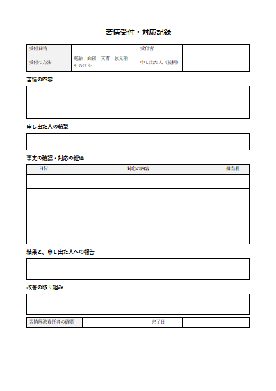 放課後等デイサービス　苦情受付・対応記録（1ページ目のプレビュー）