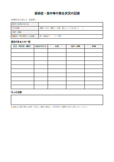 看護小規模多機能型居宅介護　感染症・食中毒の発生状況の記録（1ページ目のプレビュー）