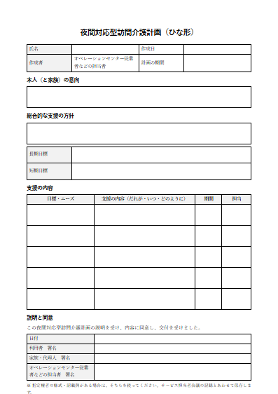 夜間対応型訪問介護　夜間対応型訪問介護計画（ひな形）（1ページ目のプレビュー）