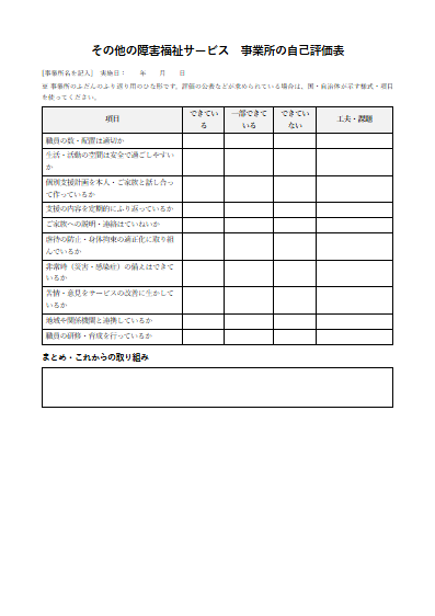 その他の障害福祉サービス　事業所の自己評価表（1ページ目のプレビュー）