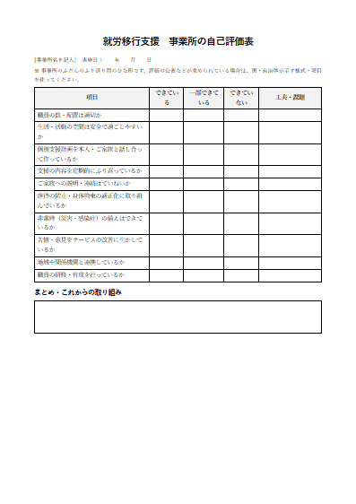 就労移行支援　事業所の自己評価表（1ページ目のプレビュー）