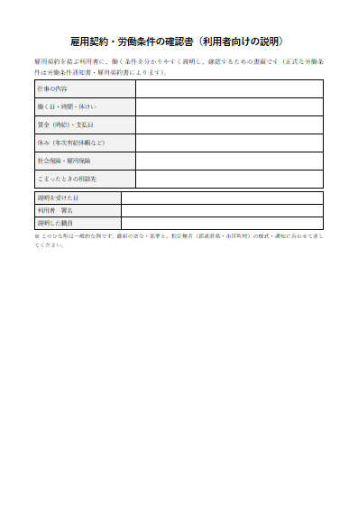 就労継続支援A型　雇用契約・労働条件の確認書（利用者向け）（1ページ目のプレビュー）