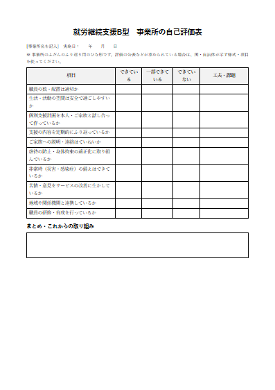 就労継続支援B型　事業所の自己評価表（1ページ目のプレビュー）