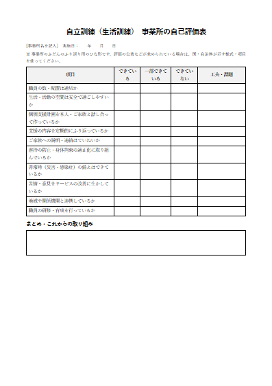 自立訓練（生活訓練）　事業所の自己評価表（1ページ目のプレビュー）