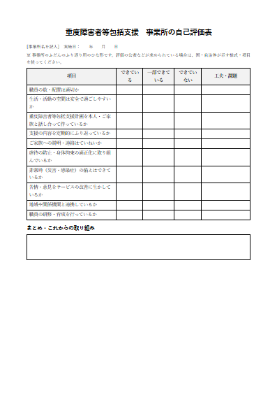 重度障害者等包括支援　事業所の自己評価表（1ページ目のプレビュー）
