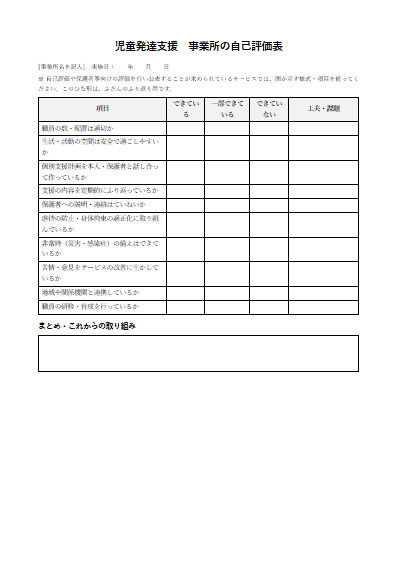 児童発達支援　事業所の自己評価表（1ページ目のプレビュー）