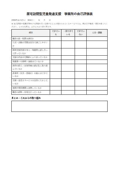 居宅訪問型児童発達支援　事業所の自己評価表（1ページ目のプレビュー）