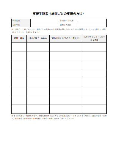 放課後等デイサービス　支援手順書（場面ごとの支援の方法）（1ページ目のプレビュー）