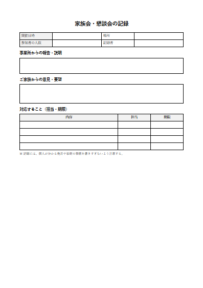 看護小規模多機能型居宅介護　家族会・懇談会の記録（1ページ目のプレビュー）