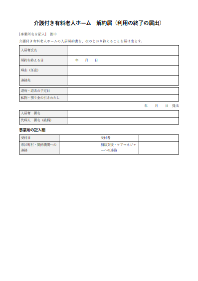 介護付き有料老人ホーム　解約届（利用の終了の届出）（1ページ目のプレビュー）