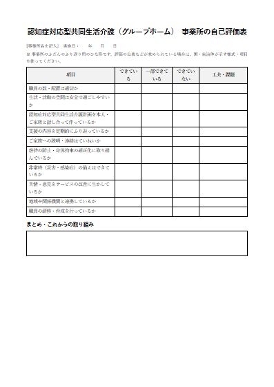 認知症対応型共同生活介護（グループホーム）　事業所の自己評価表（1ページ目のプレビュー）