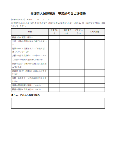 介護老人保健施設　事業所の自己評価表（1ページ目のプレビュー）