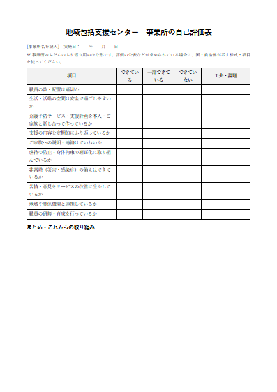 地域包括支援センター　事業所の自己評価表（1ページ目のプレビュー）